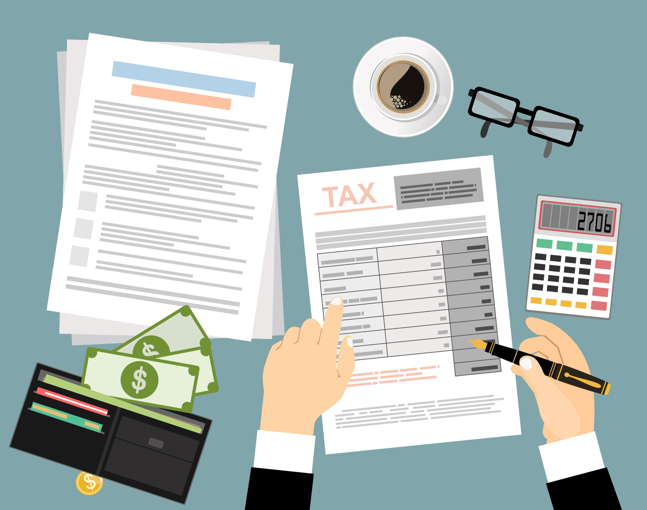 Tax payment. Government, state taxes. Data analysis, paperwork, financial research, report. Businessman calculation tax return. Flat design. Form vector. Payment of debt; eCommerce Seller Financials concept image