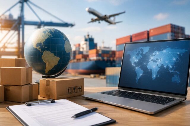 graphic depicting a globe, a computer, and a jet plane